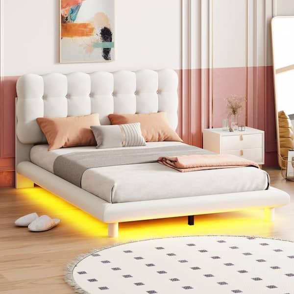 Harper & Bright Designs Beige Wood Frame Full Velvet Upholstered Platform Bed with LED Lights, Button-Tufted Headboard, Center Support Legs