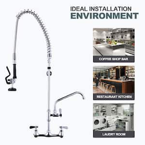 Commercial Wall Mount Triple-Handle Pull Down Sprayer Kitchen Faucet with Pre-Rinse Sprayer in Chrome