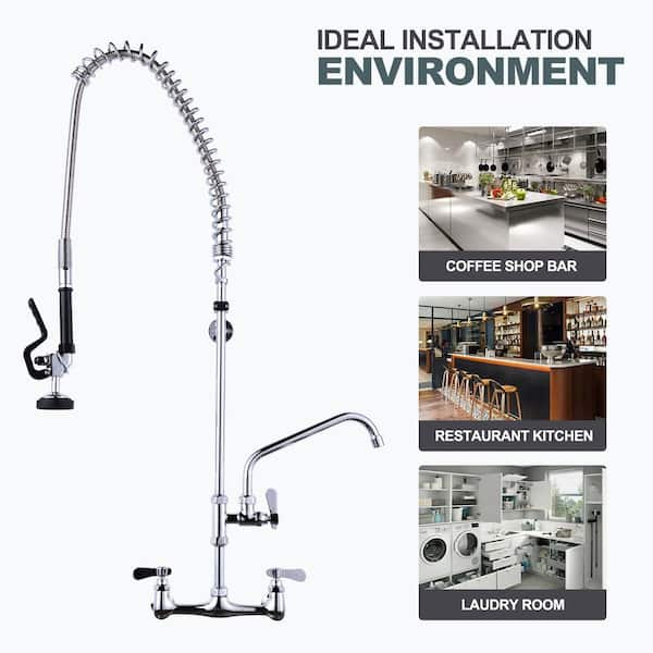 43 in. H Commercial Wall Mount Triple Handle Pull Down Sprayer Kitchen Faucet with Pre-Rinse Sprayer in Polished Chrome
