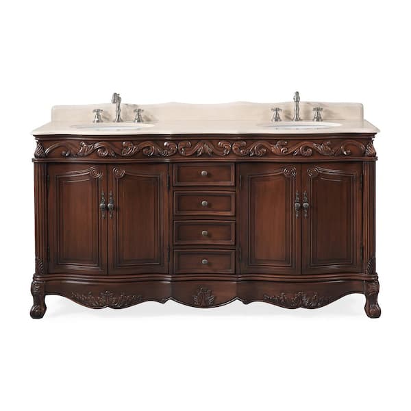 Benton Collection Beckham 64 in.W x 22 in. D x 36 in. H Double Sink Bathroom Vanity in Brown with Cream Marble Top