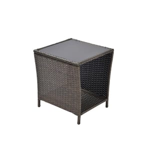 All Weather Black Gold PE Rattan Outdoor Side Coffee Table with Storage Shelf Square Table for Garden Porch Pool