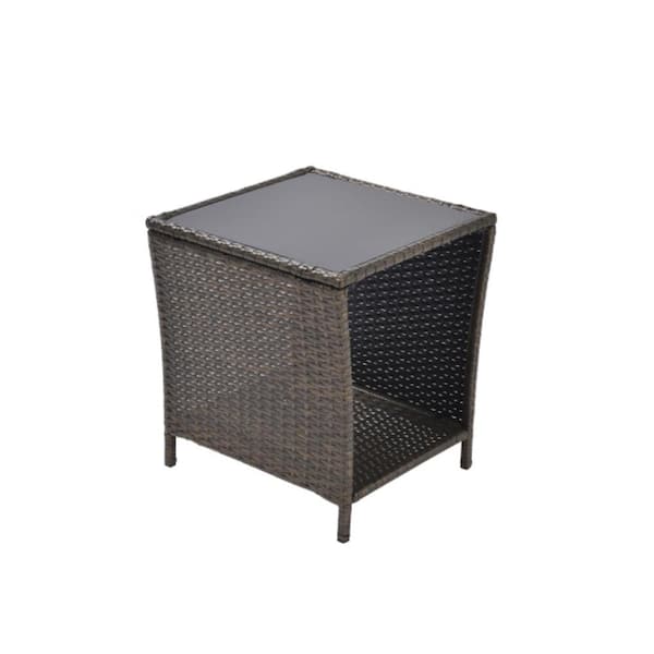 Zeus & Ruta All Weather Black Gold PE Rattan Outdoor Side Coffee Table with Storage Shelf Square Table for Garden Porch Pool