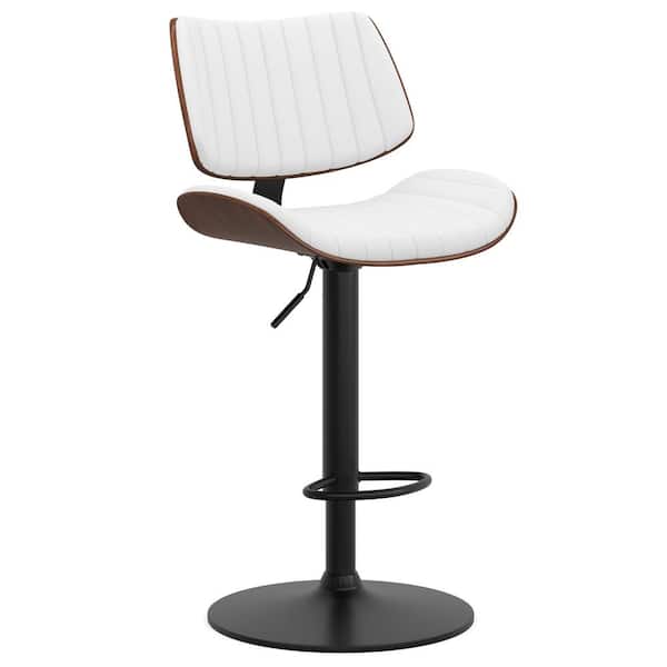 Simpli Home Novak Mid Century Modern 33 in. Metal Adjustable Swivel Bar Stool in White Vegan Faux Leather
