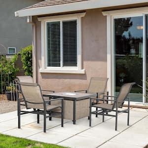 Beige 5 -Piece Steel Patio Dining Set, Steel, Square Dinner Table with Built-in Ice Bucket Insert, 4-Rocking Chairs