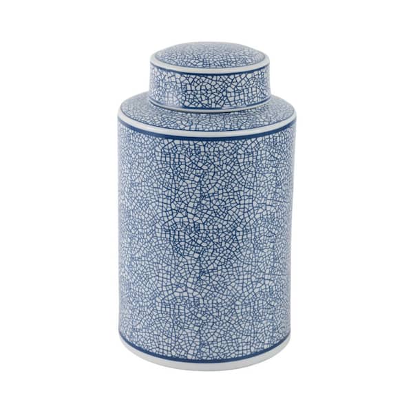 Liv & Skye Blue 12 in. Ceramic Cylinder Abstract Jar