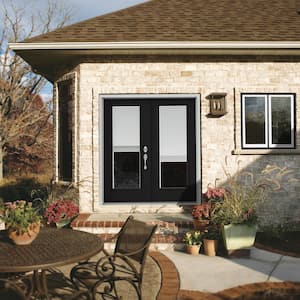 72 in. x 80 in. Black Painted Steel Left-Hand Inswing Full Lite Glass Active/Stationary Patio Door w/Blinds