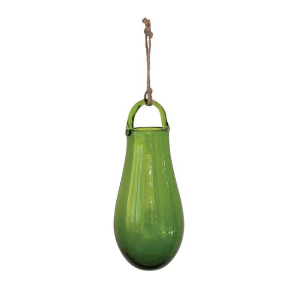 3R studios Hanging Hand Blown Glass Vase with Jute Hanger, Green