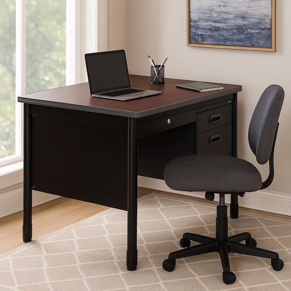 Regency Mesa 48 in. Neo Walnut Top Steel Single Pedestal Teacher's