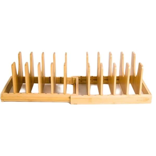 Standing Bamboo Expandable Bakeware and Cutting Board Organizers, Adjustable Pot Lids Holder Rack for Kitchen, Beige