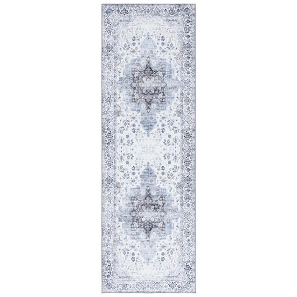 SAFAVIEH Arizona 3 ft. x 12 ft. Ivory/Blue Machine Washable Border Ornate Runner Rug