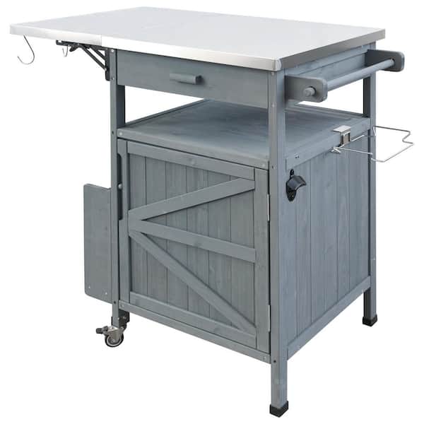 Blue Grey 40.5 in. Wood Outdoor Bar, Grill Cart with Stainless Steel Top, Drop Leaf, 1-Drawer, Towel Rack and Wheels