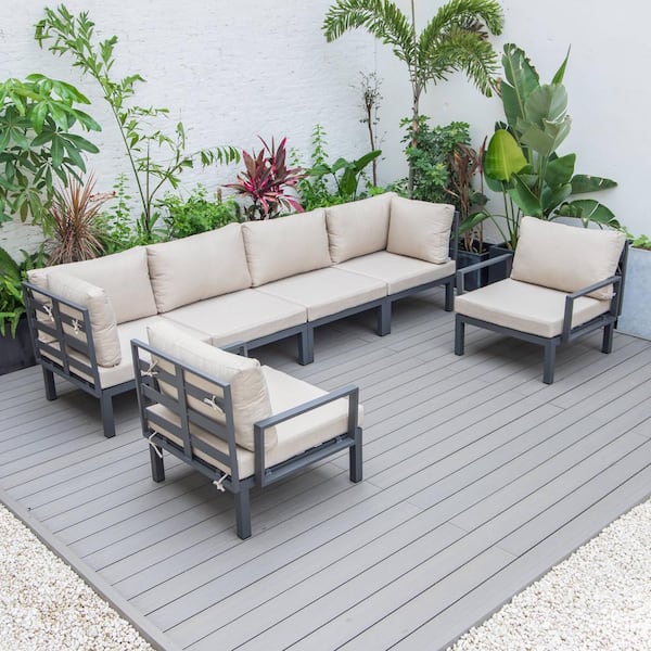 Leisuremod Hamilton 7-Piece Aluminum Modular Outdoor Patio Conversation Sectional Set with Cushions Beige for Patio & Lawn