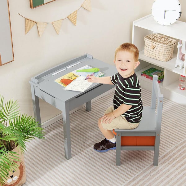 1-Piece Wooden Top Grey Kids Table and Chair Set Activity Study Desk w/Storage Drawer Hook