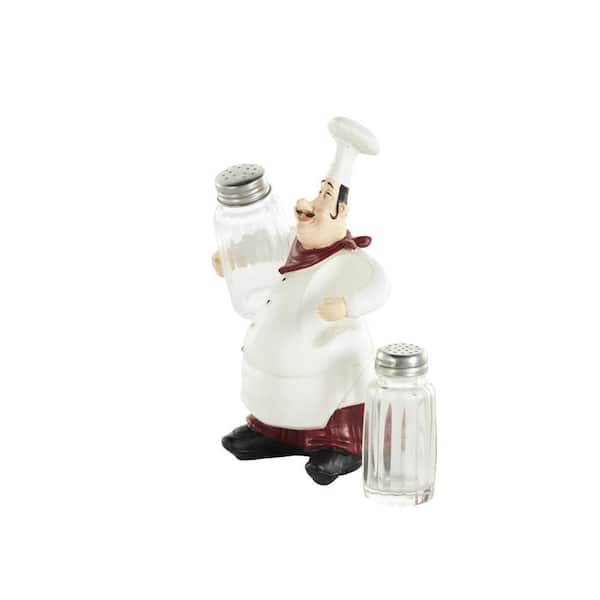 Litton Lane White Polystone Chef Figurine Salt and Pepper Shaker Holder with Red Accents