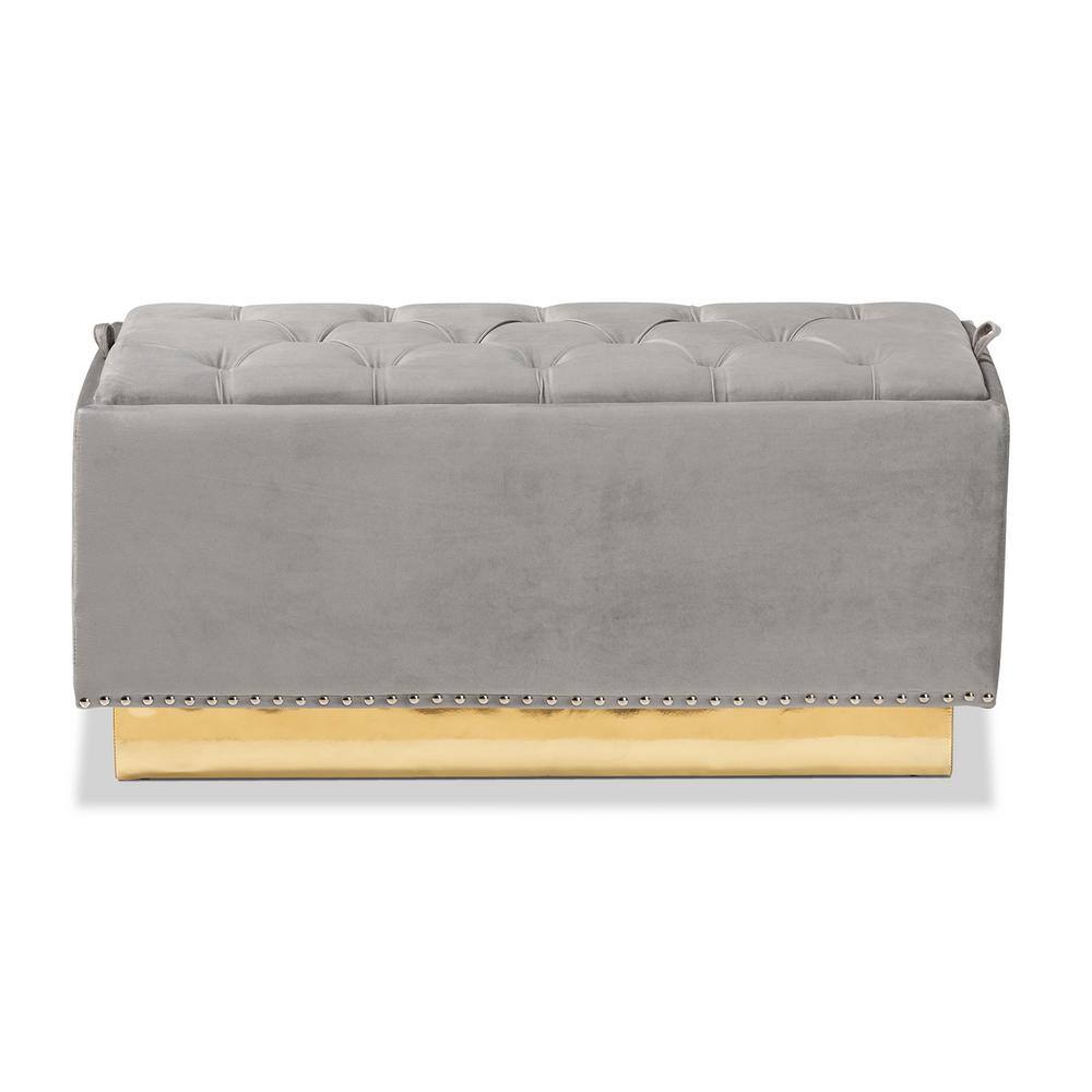 Luxurious Grey Velvet and Gold PU Leather Tufted Storage Ottoman