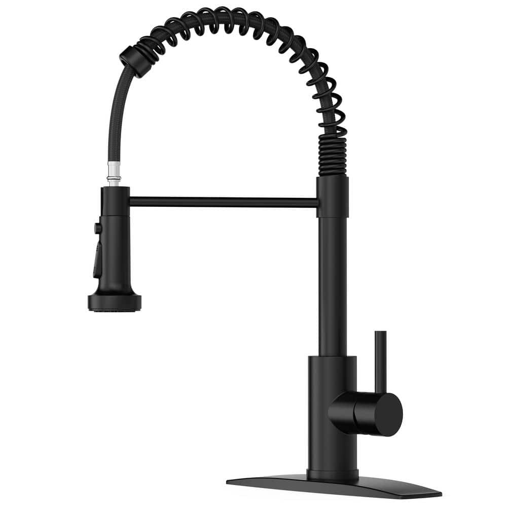 Single Handle Pull Down Sprayer Kitchen Faucet with Deckplate and Spring Neck Pull Out Swivel Spout in Matte Black -  androme, H004B