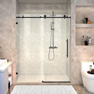56-60 in. W x 74 in. H Sliding Semi-Frameless Shower Door in Black Walk-in Shower Design with Clear Glass