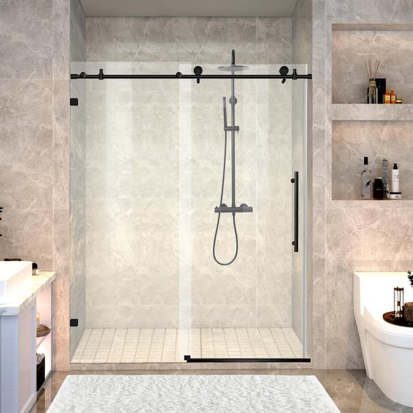 ANGELES HOME 56-60 in. W x 74 in. H Sliding Semi-Frameless Shower Door in Black Walk-in Shower Design with Clear Glass