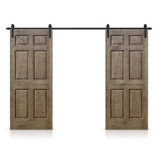 CALHOME 36 in. x 80 in. Vintage Brown Stain Composite MDF 6-Panel Interior Double Sliding Barn Door with Hardware Kit