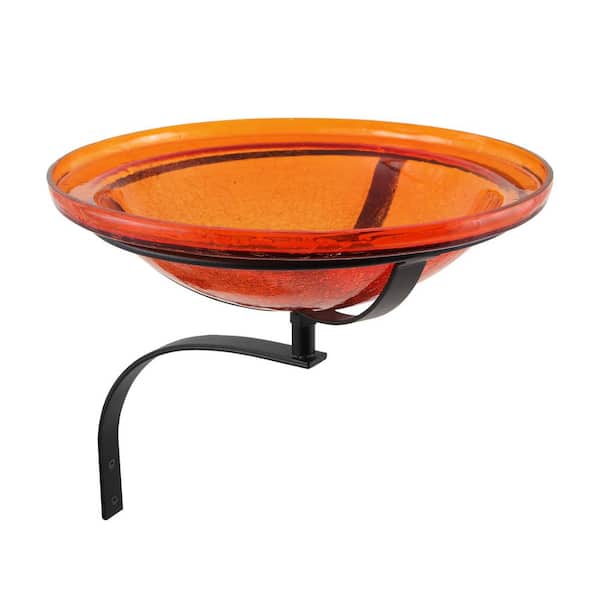 ACHLA DESIGNS 12.5 in. Dia Mandarin Orange Reflective Crackle Glass Birdbath Bowl with Wall Mount Bracket