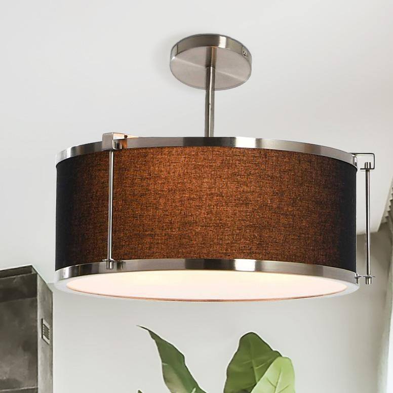 Harrison 15'' Black & Brushed Nickel Linen-Shade Ceiling Light