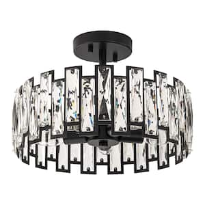 Joey 12.9 in. W 5-Light Black Mid-Century Modern Glam Cage Drum Crystal Semi- Flush Mount Ceiling Light