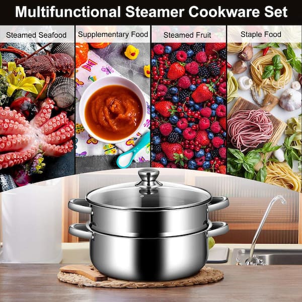 YARNOW Stainless Steel Steamer Pot 2 Tier Food Steamer Double Layer Metal  Cooking Steamer Support for Stove and Induction for Tamale Vegetable