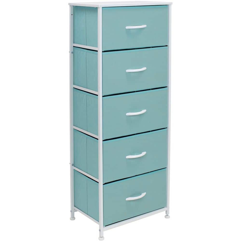 Aqua Fabric 5-Drawer Tall Storage Dresser with Steel Frame