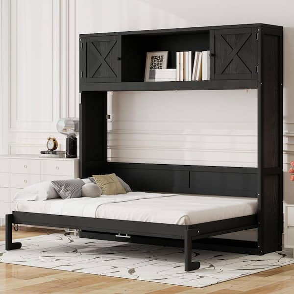 Rustic Black Solid Wood Frame Full Size Murphy Bed with Storage Cabinets