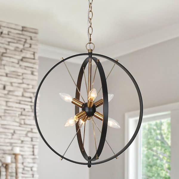 Zevni 18 in. Modern Farmhouse 6-Light Black Globe Caged Chandelier, Brass-Plated Sputnik Pendant Hanging Light for Dining Room