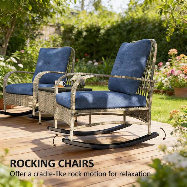 Gray 3-Piece All-Weather Wicker Outdoor Bistro Set Patio Rocking