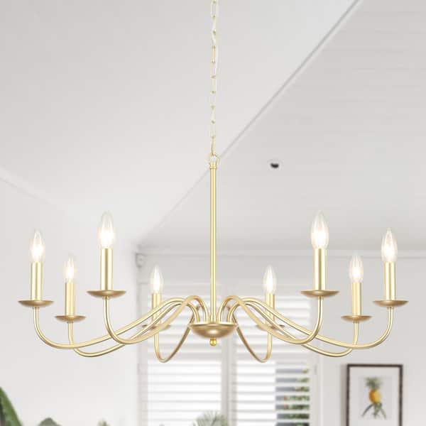Aretzy 8-Light Gold Dimmable Classic Candle Rustic Linear Farmhouse Chandelier for Kitchen Island with no bulb included