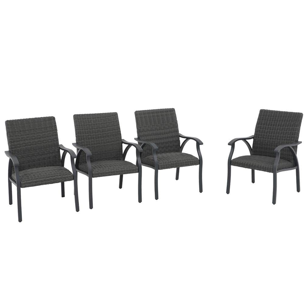 Aluminum Frame Outdoor Wicker Dining Chairs with Foam Cushion, Black (Set o