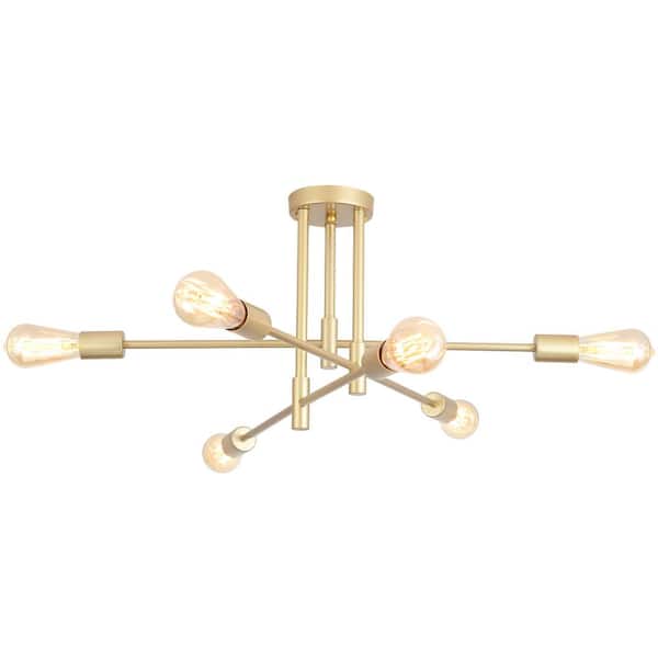 27.56 in. 6-Light Gold Sputnik Semi- Flush Mount Ceiling Lights with 360°Rotatable Light Arm