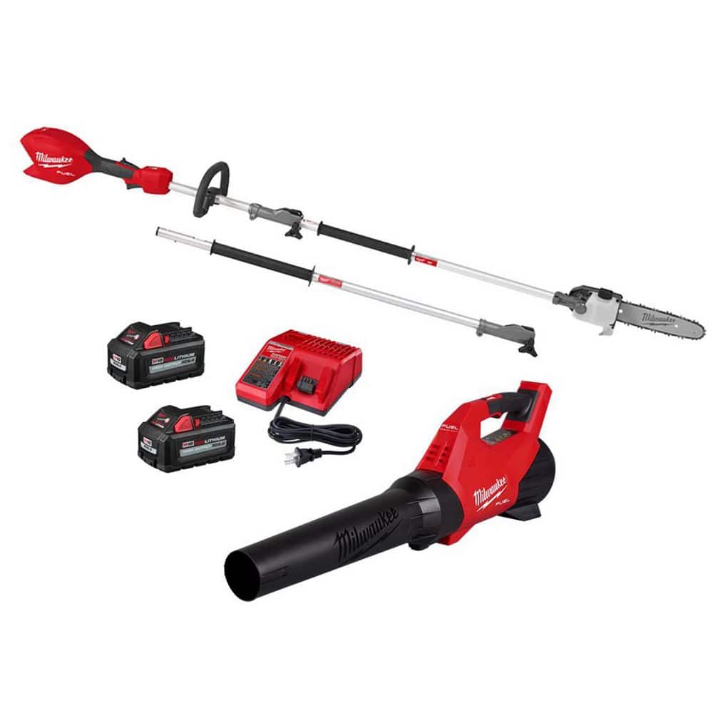 Milwaukee M18 FUEL 120 MPH 500 CFM 18V Brushless Cordless Handheld Blower w/ M18 QUIK-LOK Pole Saw, (2) 6.0 Ah Batteries, Charger