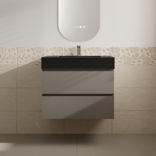 Aaby 30 in. W x 18 in. D x 25 in. H Wall Mounted Floating Bath Vanity Cabinet in Gray with Black Quartz Top and Sink