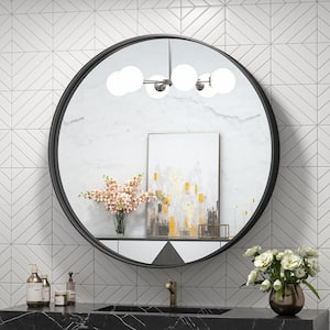 24 in. W x 24 in. H Medium Round Metal Framed Modern Wall Mounted Bathroom Vanity Mirror in Matte Black