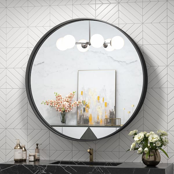 TETOTE 24 in. W x 24 in. H Medium Round Metal Framed Modern Wall Mounted Bathroom Vanity Mirror in Matte Black