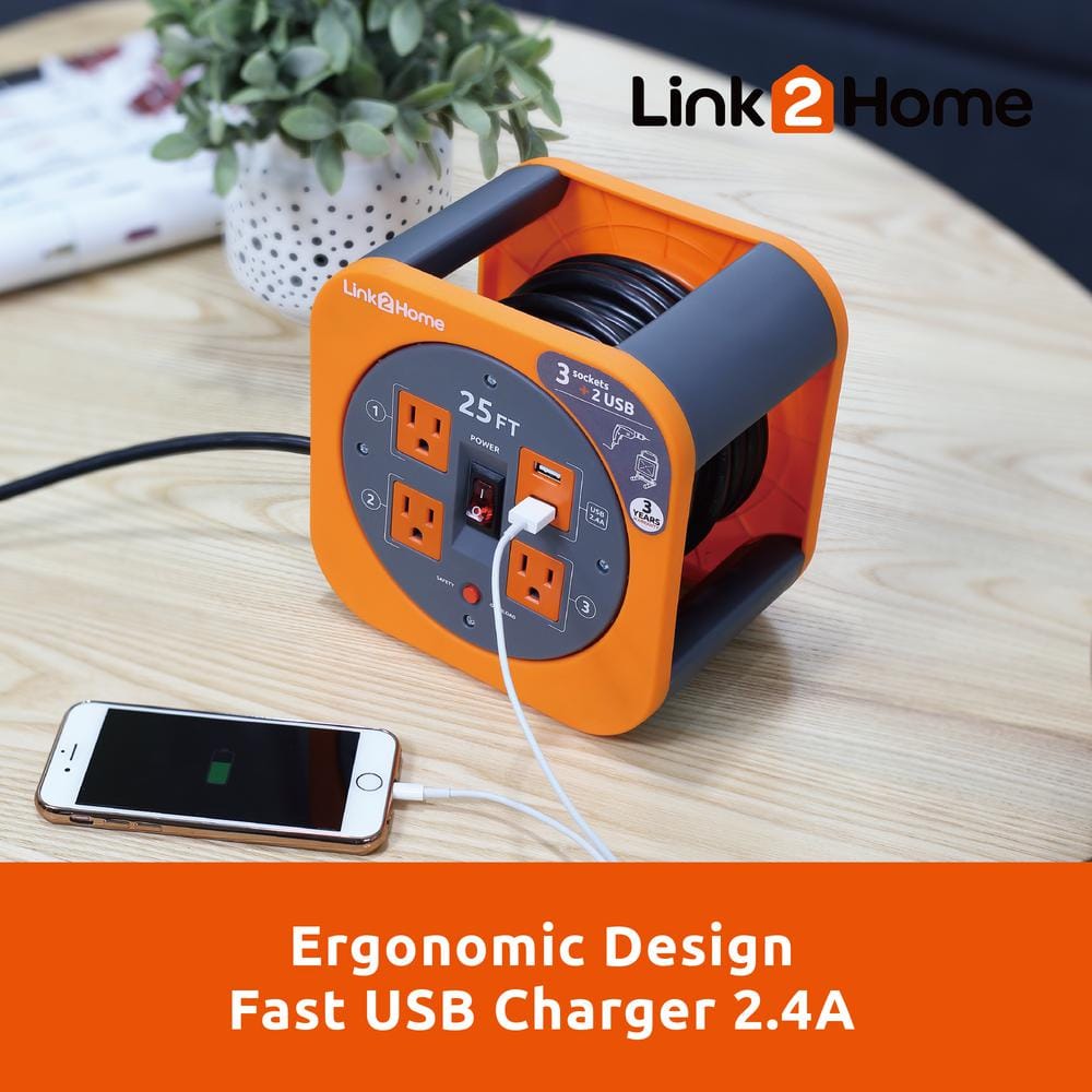 25 ft Black and Orange Extension Cord Reel with USB Ports