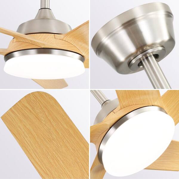 52 in. Smart Nickel Indoor ABS Wood Grain White Blade 3-Size Downrod Mount Ceiling Fan with 3-Color Dimmable Light