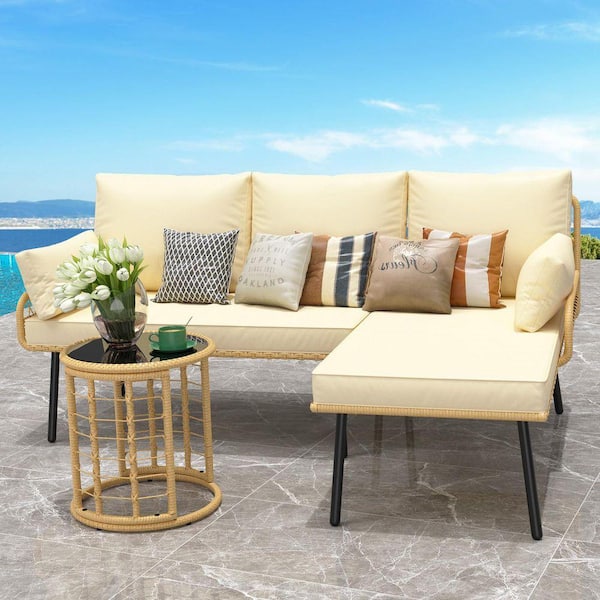 3-Piece Modern L-Shaped Outdoor Sectional Sofa Set with Beige Cushions, Waterproof Wicker and Tempered Glass Side Table