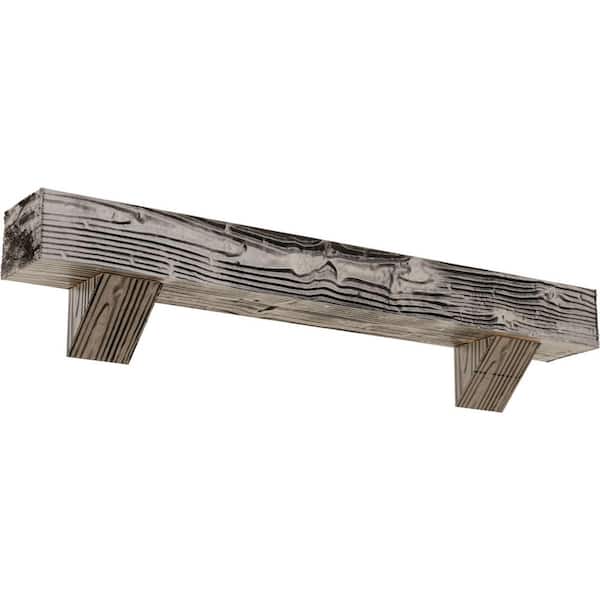 Ekena Millwork 4 in. x 4 in. x 5 ft. Sandblasted Faux Wood Fireplace Mantel Kit with Breckinridge Corbels, Burnished Pine