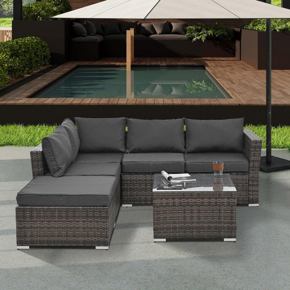 PE Wicker Patio Conversation Set, Outdoor, 4-Set Wicker Furniture with Blac