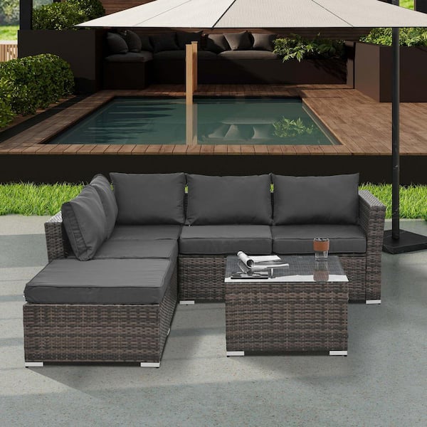 Unbranded PE Wicker Patio Conversation Set, Outdoor, 4-Set Wicker Furniture with Black Cushion, Tempered Glass Coffee Table