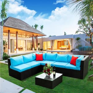 Black 5-Piece Wicker Outdoor Sofa Sectional Set with Blue Cushions and 2-Pillows