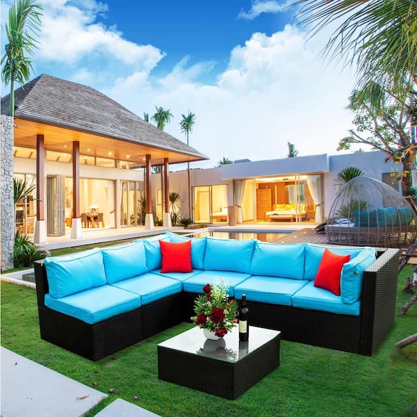 Harper & Bright Designs Black 5-Piece Wicker Outdoor Sofa Sectional Set with Blue Cushions and 2-Pillows