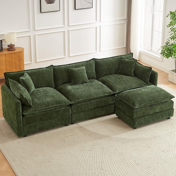112.2 in. Square Arm L-Shaped Chenille L-Shaped Deluxe Pillow-Styled Modular Sectional Sofa in. Green with 1-Ottoman