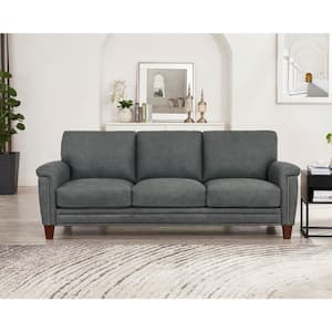 Sherwood 88.5 in. Flared Arm Top Grain Leather Rectangle 3-Seater Sofa in. Charcoal