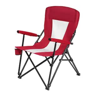 Red Metal Folding Lawn Chair, Camping Chair with Cup Holder and Carry Bag