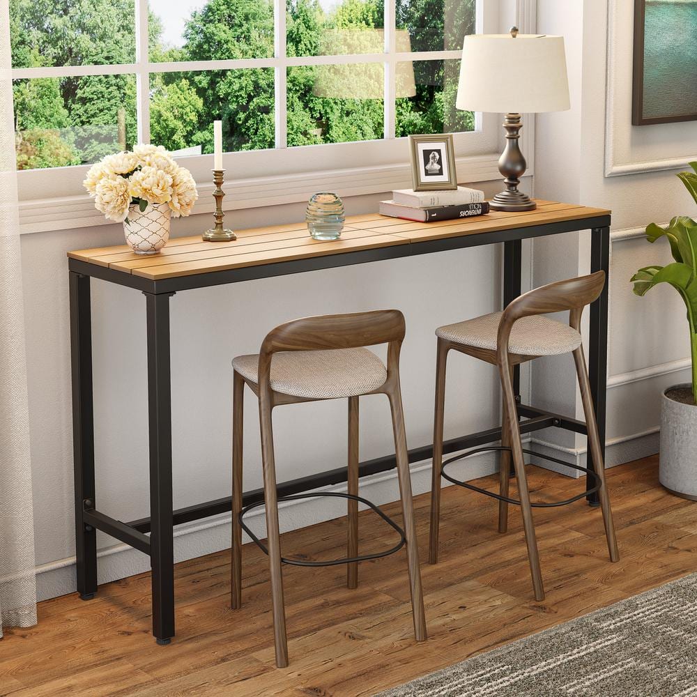 63" Brown Wood-Plastic Outdoor Bar Table with Black Metal Frame